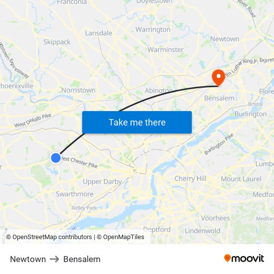 Newtown to Bensalem map