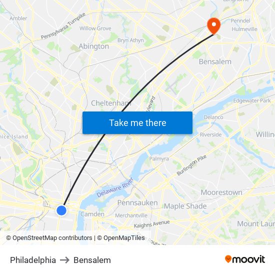 Philadelphia to Bensalem map