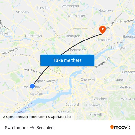 Swarthmore to Bensalem map