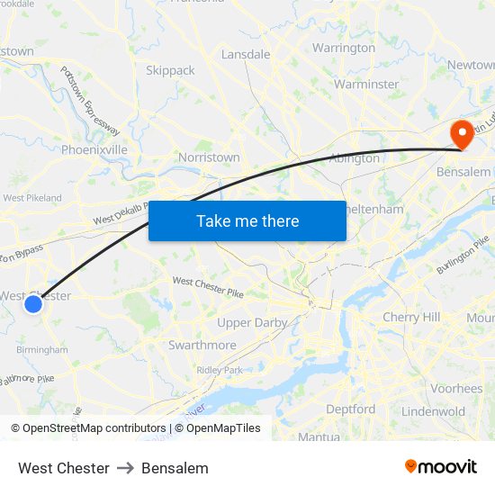West Chester to Bensalem map