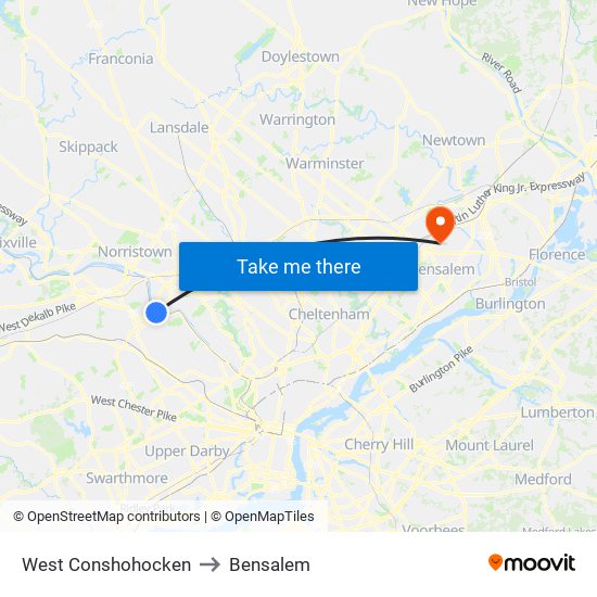 West Conshohocken to Bensalem map