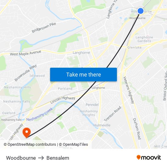Woodbourne to Bensalem map