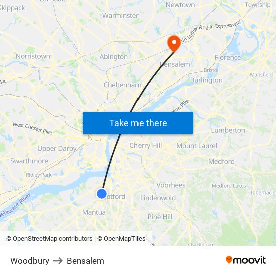 Woodbury to Bensalem map