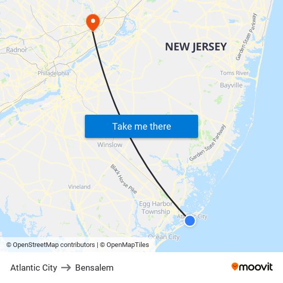 Atlantic City to Bensalem map