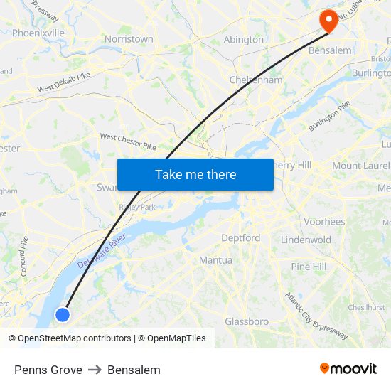 Penns Grove to Bensalem map