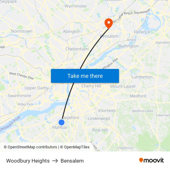 Woodbury Heights to Bensalem map