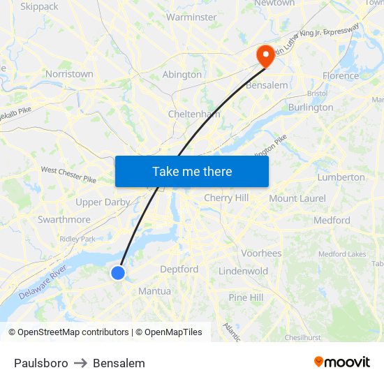 Paulsboro to Bensalem map