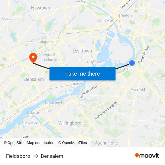 Fieldsboro to Bensalem map