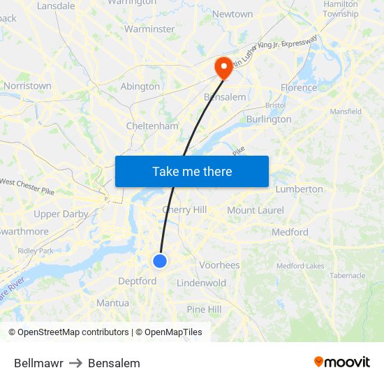 Bellmawr to Bensalem map