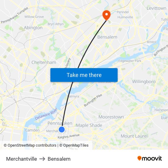 Merchantville to Bensalem map