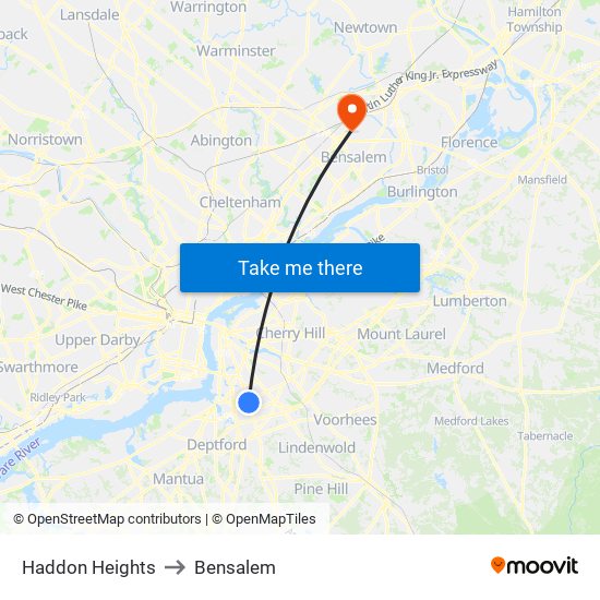 Haddon Heights to Bensalem map