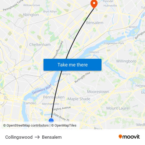 Collingswood to Bensalem map