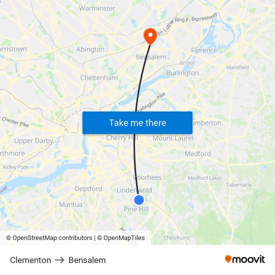 Clementon to Bensalem map