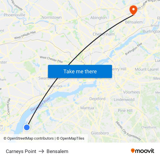 Carneys Point to Bensalem map
