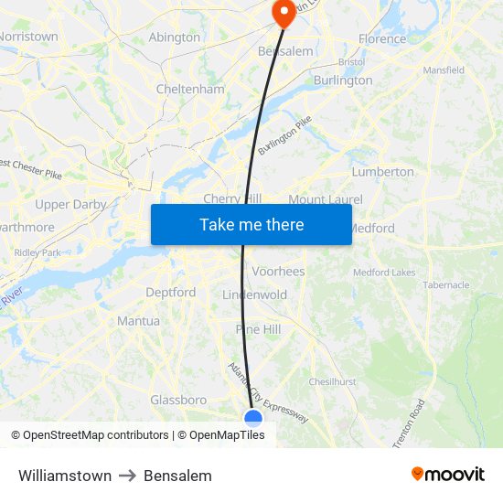 Williamstown to Bensalem map