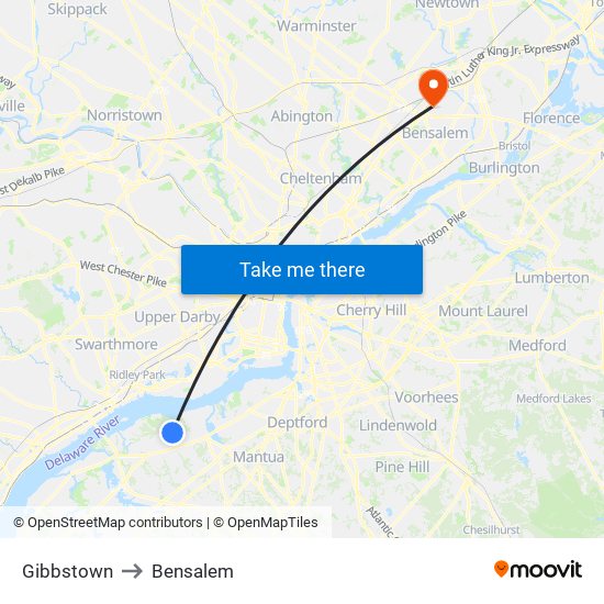 Gibbstown to Bensalem map