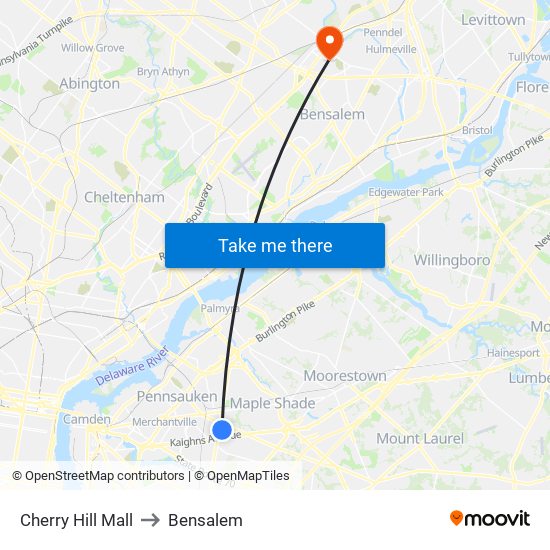 Cherry Hill Mall to Bensalem map