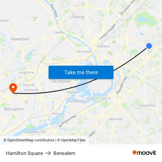 Hamilton Square to Bensalem map