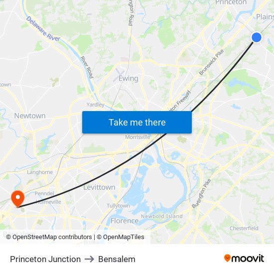 Princeton Junction to Bensalem map