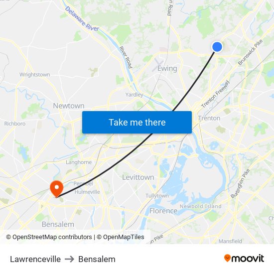 Lawrenceville to Bensalem map