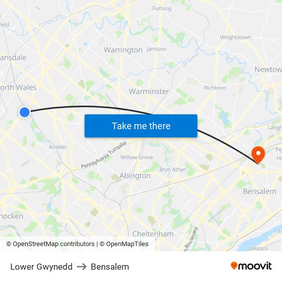 Lower Gwynedd to Bensalem map