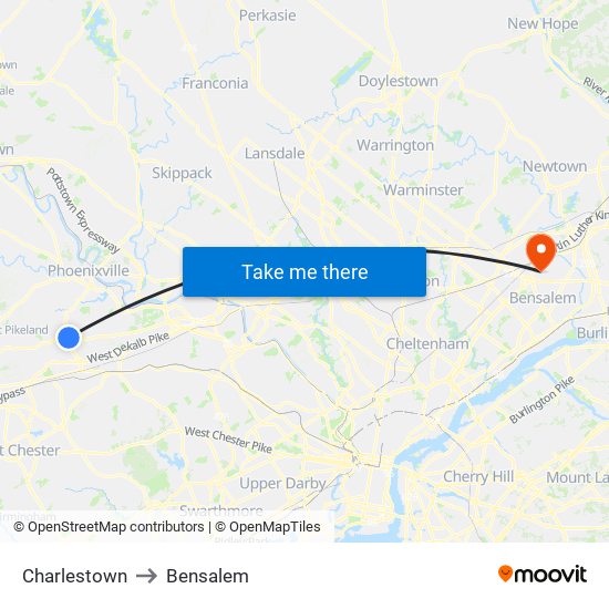 Charlestown to Bensalem map