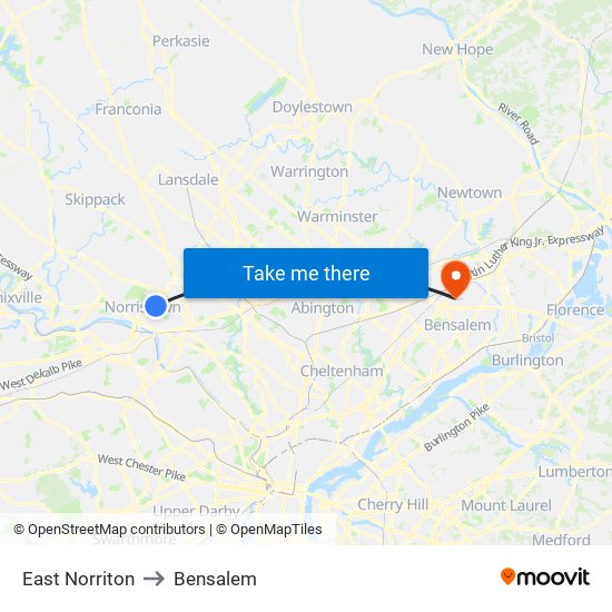 East Norriton to Bensalem map