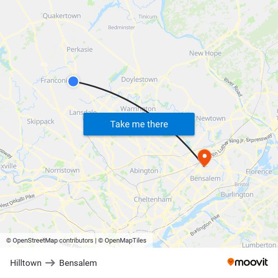 Hilltown to Bensalem map