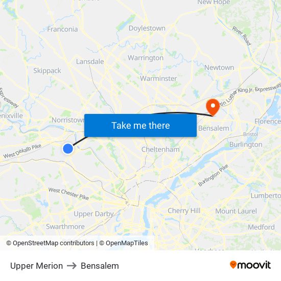 Upper Merion to Bensalem map