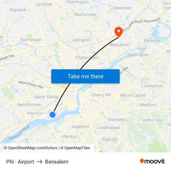 Phl - Airport to Bensalem map