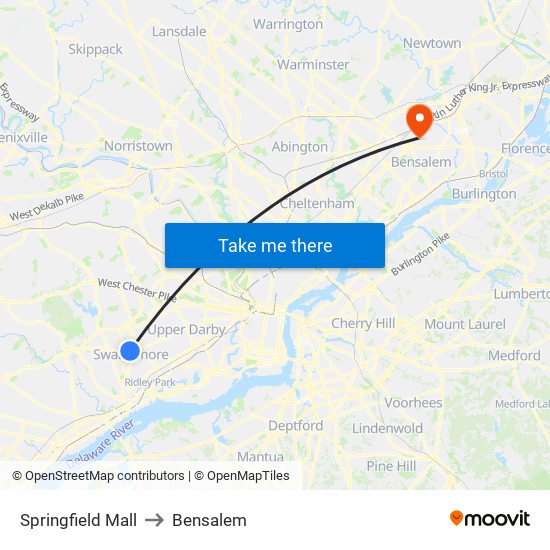 Springfield Mall to Bensalem map