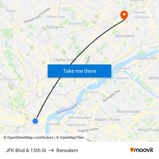 JFK Blvd & 15th St to Bensalem map