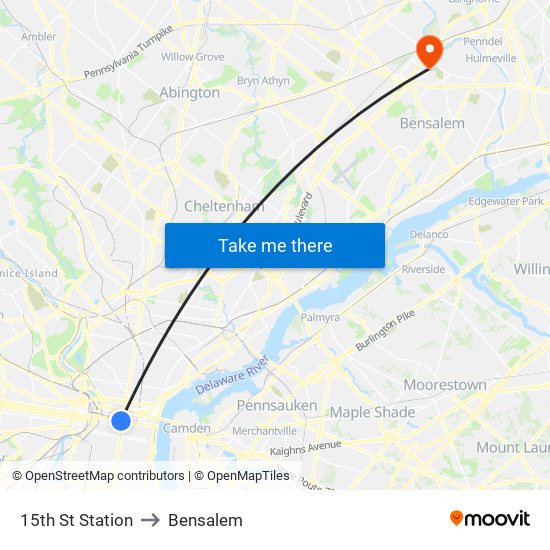 15th St Station to Bensalem map