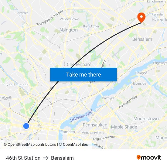 46th St Station to Bensalem map