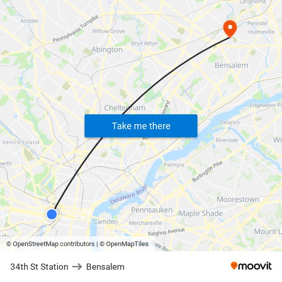 34th St Station to Bensalem map