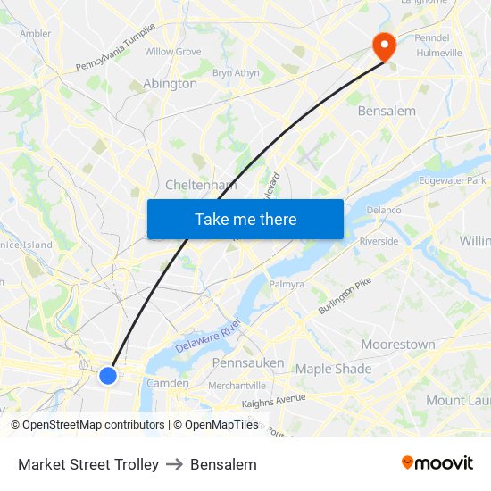 Market Street Trolley to Bensalem map