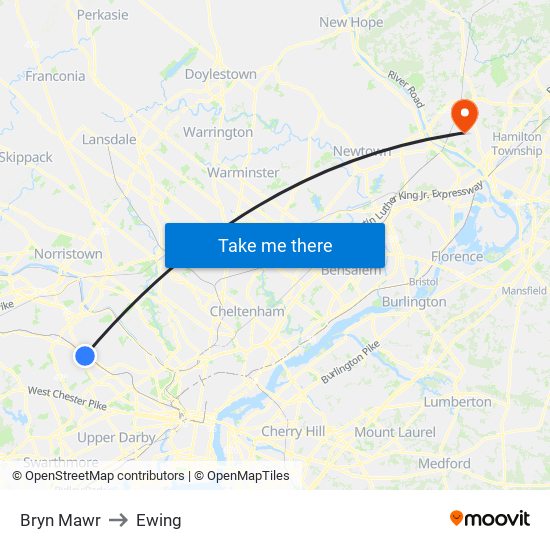 Bryn Mawr to Ewing map