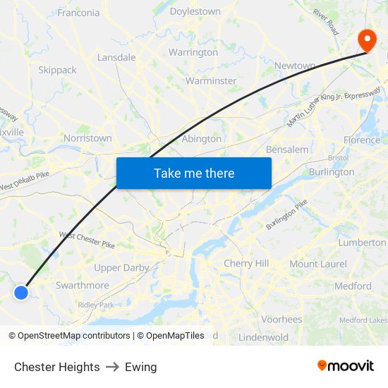 Chester Heights to Ewing map
