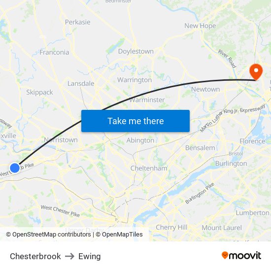 Chesterbrook to Ewing map