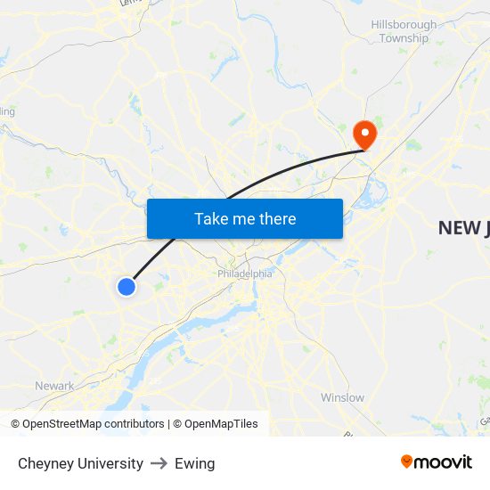 Cheyney University to Ewing map
