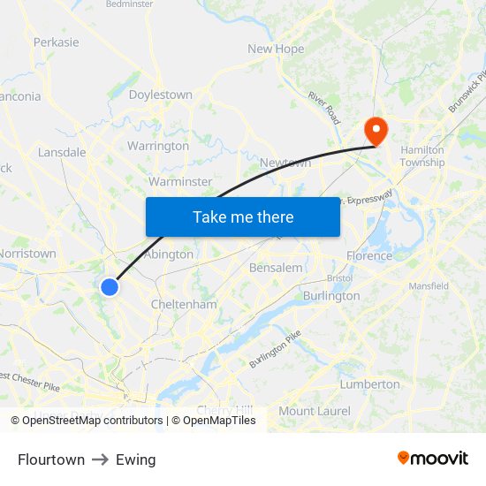 Flourtown to Ewing map