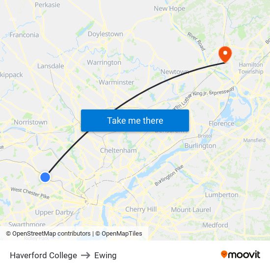Haverford College to Ewing map