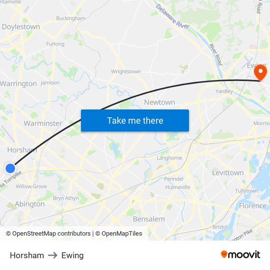 Horsham to Ewing map