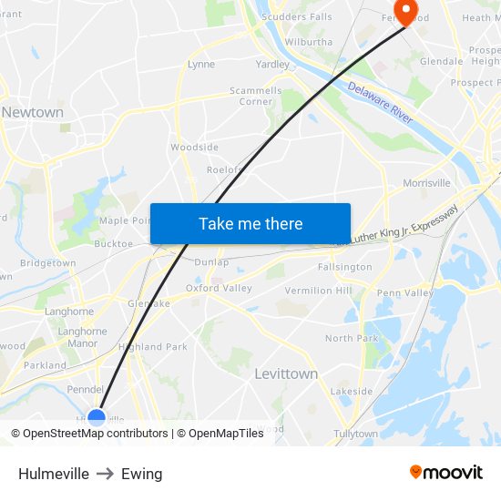 Hulmeville to Ewing map