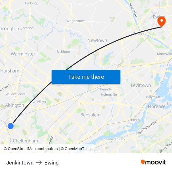 Jenkintown to Ewing map