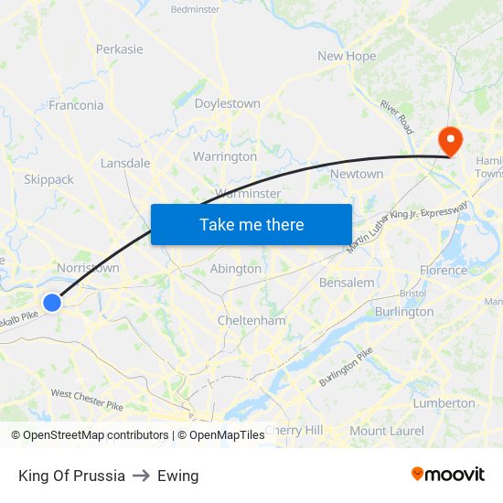 King Of Prussia to Ewing map