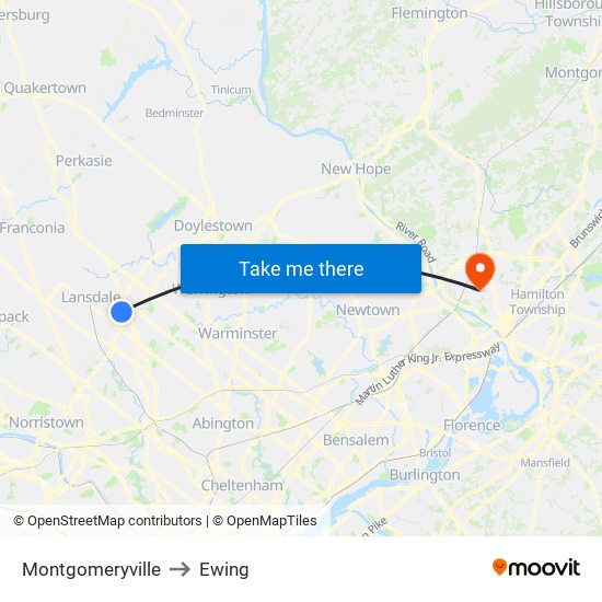 Montgomeryville to Ewing map