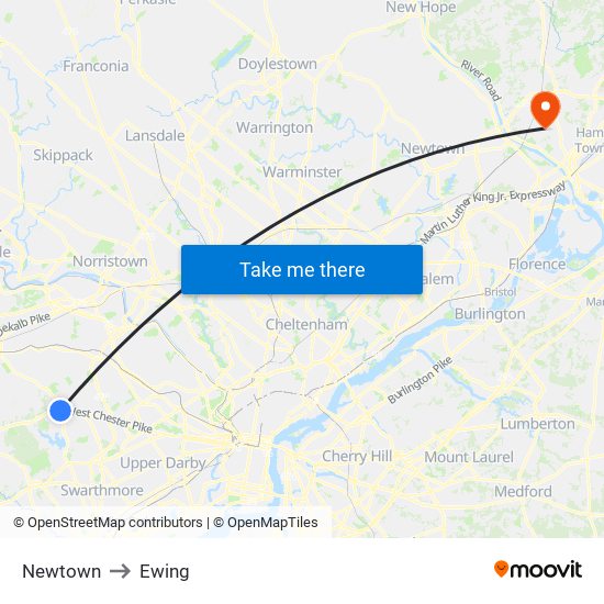 Newtown to Ewing map