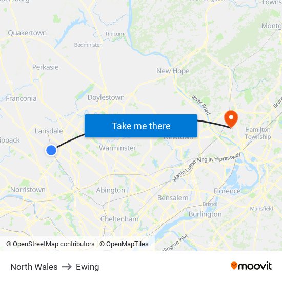 North Wales to Ewing map