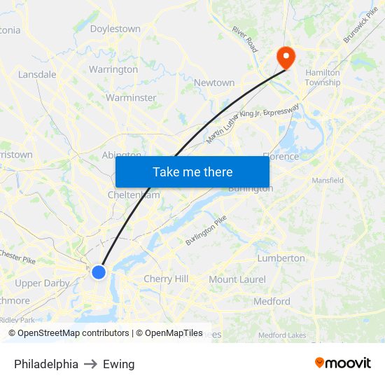 Philadelphia to Ewing map